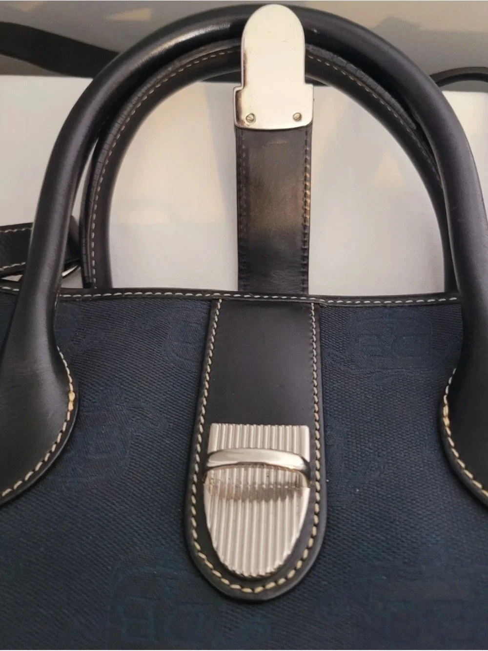 Dooney & Bourke Monogram Tote Crossbody Bag Navy Canvas Black Leather Trim